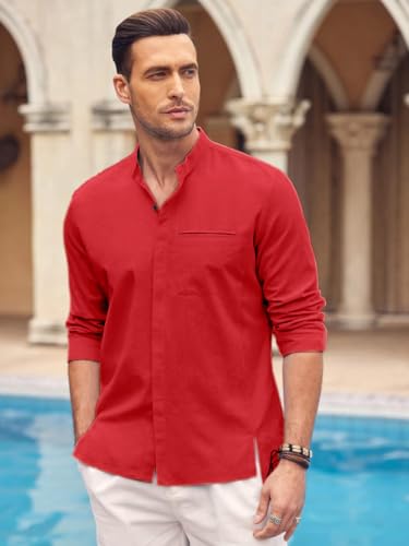 Image of Mens Casual Button Down Shirt | Cotton Luster Long Sleeves Shirts | Mandarin Collared Shirts