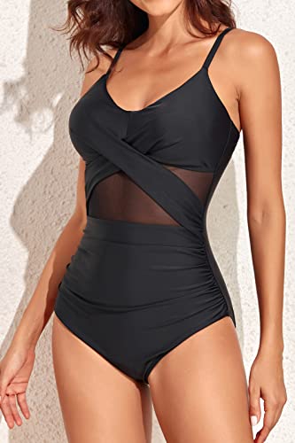 Smismivo Tummy Control Swimsuits For Women One Piece Bathing Suit Wrapped Mesh Slimming Ruched Swim Suit Padded Push Up V Neck Swimwear Design For Swimming Pool (Black) #TOP2