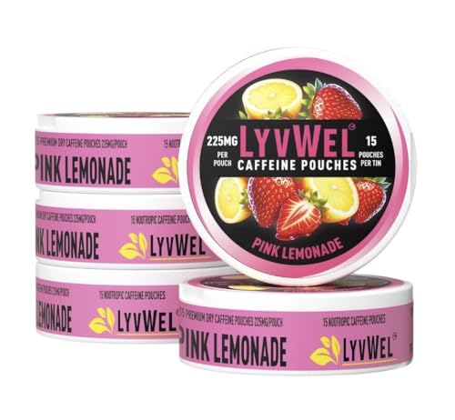 Image of LyvWel 225mg Caffeine Pouches, Guarana-Powered Energy Pouches, Nootropic Pouches, Nicotine Free Pouches & Tobacco-Free (5 Pack, Pink Lemonade)