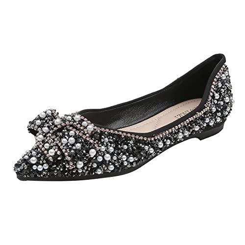 Hee grand Sparkling Crystal Bowknot Ballet Flats for Women Pointed Toe Rhinestone Fashion Wedding Dress Shoes Comfort Slip on Work Shoes