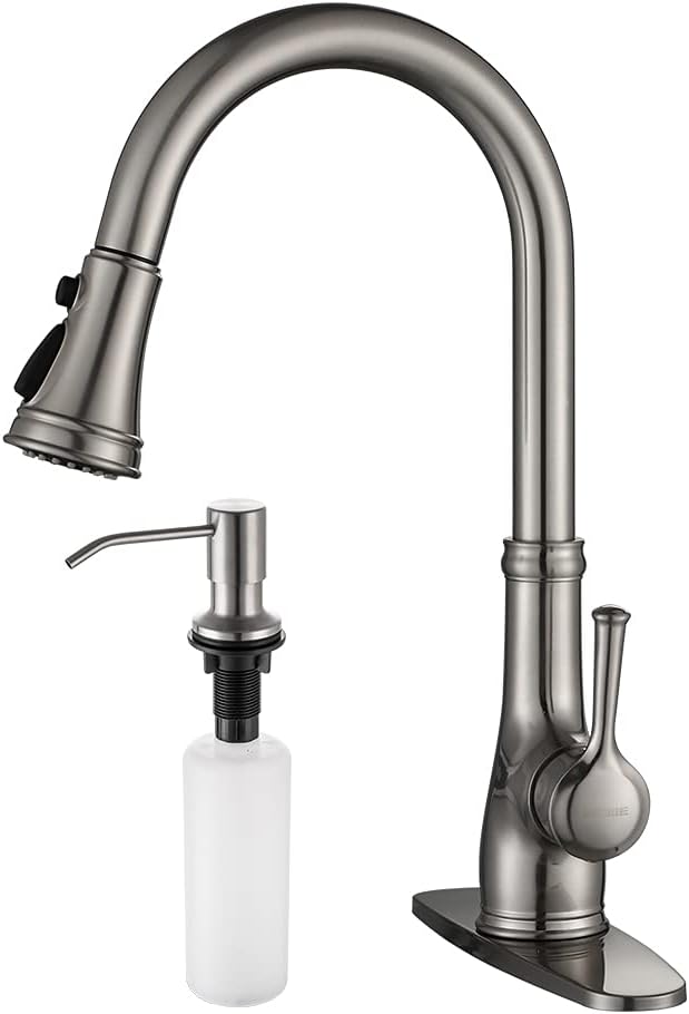 Kitchen Faucet-WEWE Single Handle Stainless Steel Brushed Nickel Pull Down Kitchen Sink Faucet with Pull Out Sprayer with Built in Sink Soap Dispenser