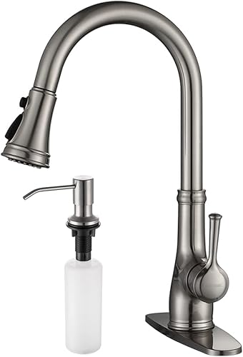 Kitchen Faucet-WEWE - Grifo de fregadero de cocina con rociador extraíble de acero inoxidable de níquel cepillado con dispensador de jabón integrado