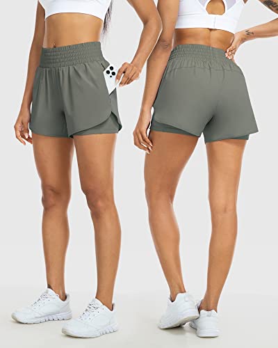 Yezii Womens High Waist Running Shorts Athletic Workout Quick Dry Shorts For Women With Pockets Gym Yoga White Summer Shorts Army Green-M #TOP1