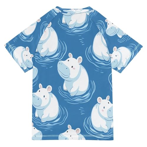 Boys Short Sleeve T-Shirts Hippo Blue Cartoon Animal Rashguard Kids Swim Shirts Sun UPF 50+2