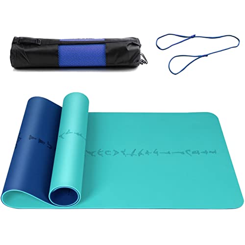 DAWAY Eco Friendly TPE Yoga Mat - Y9 Wide Thick Workout Exercise Mat, Non Slip Grip Pilates Mat, Double-sided Body Alignment Lines, Anti-Tear, with Bag & Strap, 72"x 26" Thickness 6mm