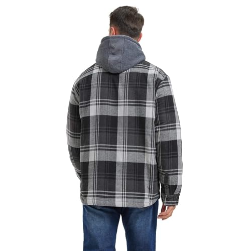 Mens Thicken Flannel Jackets, Plaid Sherpa Fleece Lined Hoodie Warm Shacket with 2 Chest Pockets4