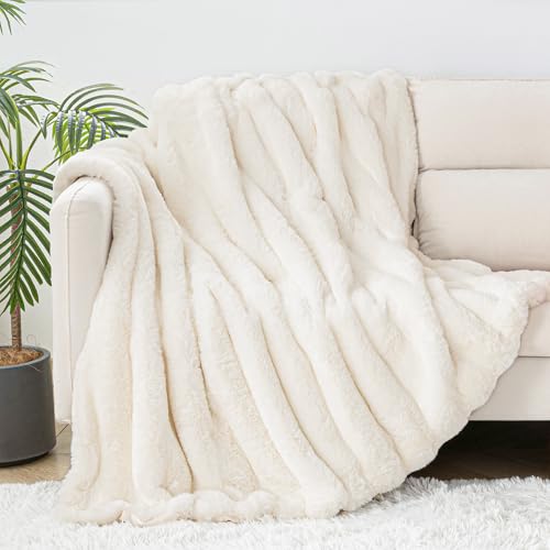 Touchat Luxury Faux Rabbit Fur Throw Blanket for Couch,Super Heavy Warm Cozy Fuzzy Blanket for Sofa Bedroom Living Room,Ultra Soft Fluffy Reversible Plush Blanket for Home Decor Gifts,Cream White by Touchat - Image 5