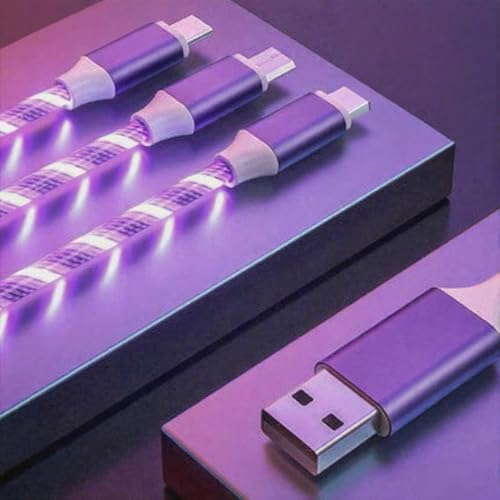 Image of 3 Combinations Multi Ports USB Charger Cable A to Micro USB /Type C PD Fast Charging Cord Light Up LED Current to be a Night Light Compatible with Most of Devices-39 inches Purple.