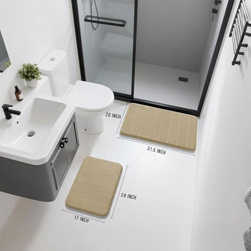 Image of Yimobra Memory Foam Bathroom Rugs Sets 2 Piece - Super Soft Absorbent Quick Dry Bath Mat Set, Machine Washable Non Slip Floor Carpet for Tub Shower & Single Sink (17x24 & 31.5x20 Inch, Pale Khaki)