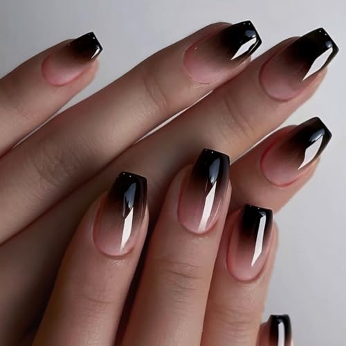 KQueenest French Ombre Black Press on Nails Medium Short Square, ...