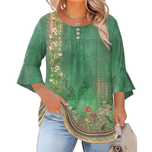 Rapbin Plus Size Tops for Women 3/4 Ruffle Sleeve Crew Neck Button Down Pleated Blouses Casual Fashion Tunic (1X-5X) Boho Green X-Large Plus
