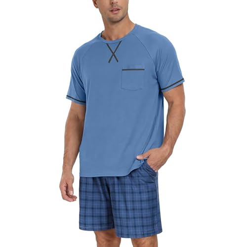 Marvmys Mens Pajama Set Cotton Summer Pjs Short Sleeve Sleepwear Lightweight Pajamas 2 Pieces Loungewear with Pockets S-2XL Small B-blue Plaid