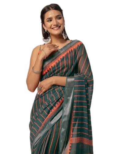 Image of Satrani Women's Linen Printed Ready To Wear Saree with Unstitched Blouse Piece