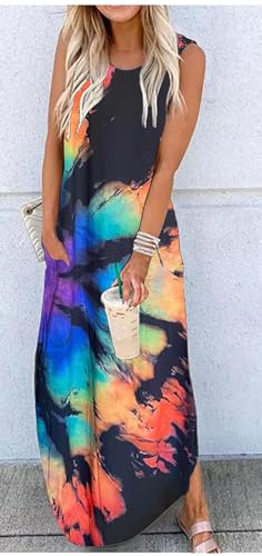 Women's Summer Beach Long Dress Sleeveless Maxi Dress with Pockets Hawaiian Beach Rainbow Graphics Tank Shirt Dresses2