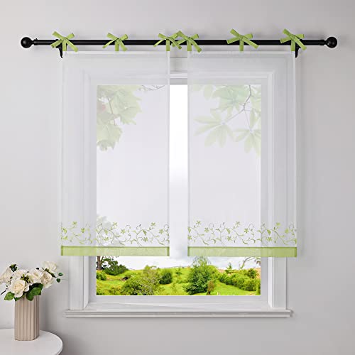 Heichkell Visillo bordado con diseño de flores, de gasa, transparente, con trabillas de colores, color verde, 60 x 90 cm, 1 unidad Cover