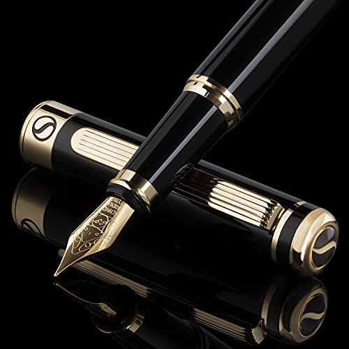 Scriveiner Black Lacquer Fountain Pen - Stunning Luxury Pen with 24K Gold Finish, Schmidt 18K Gilded Nib (Extra Fine), Best Pen Gift Set for Men & Women, Professional, Executive, Office, Nice Pens
