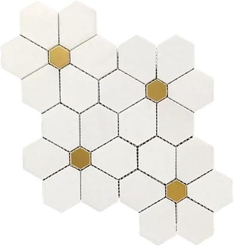 Tenedos Shasta Daisy White Marble Thassos w/Yellow Hexagon Glossy Wall