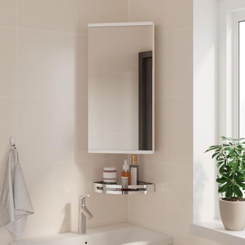 Armadietto A Specchio Pensile Triangolare Per Bagno In Acciaio Inox: 3 Strati, Misura 36x60x19 Cm, Colore Argento, Con Anta Singola