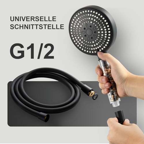 OFFO Duschset mit Filter, Duschkopf gegen Kalk, flexibel, 1,6 m, 6 Modi, Hochdruckstrahl, transparenter Griff, Schwarz