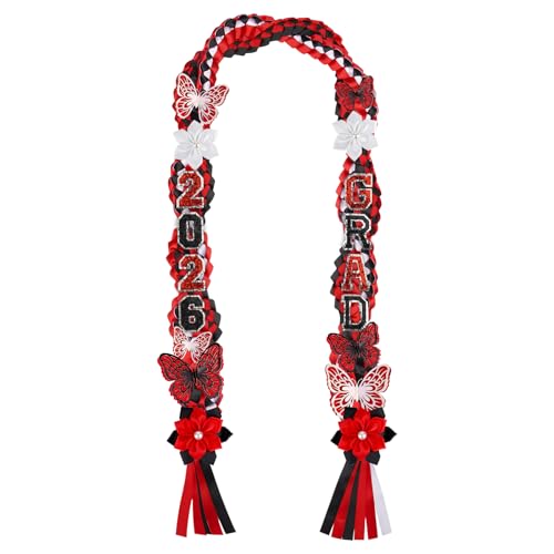 MUFEIRUO Class of 2026 Graduation Leis Black&Red Double Ribbon Lei Set Handmade Butterfly Flower Accessory Graduation Gift for Her Him