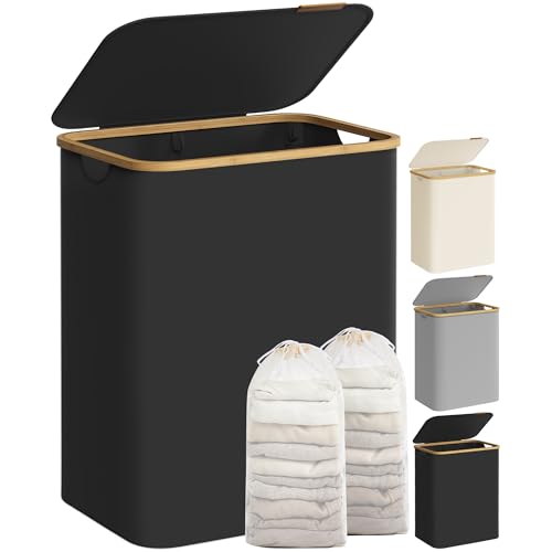 SONGMICS 130L Laundry Hamper with Lid - 2-Section, Ink Black