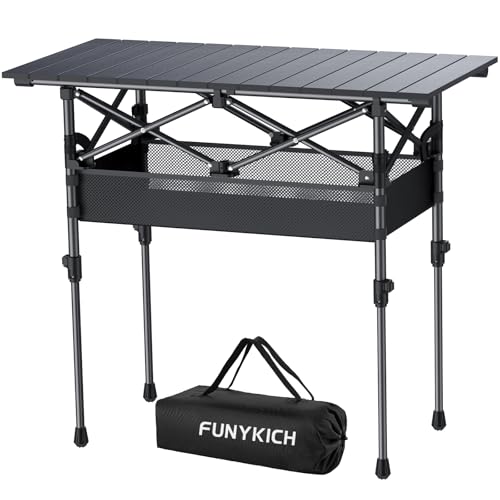 FUNYKICH Folding Camping Table(L32.3''xW15.7''), Aluminum Roll-up Portable Picnic Table with 2 Adjustable Height, Large Storage and Carrying Bag for Picnic, Camping, BBQ, Party, Backyard, Beach