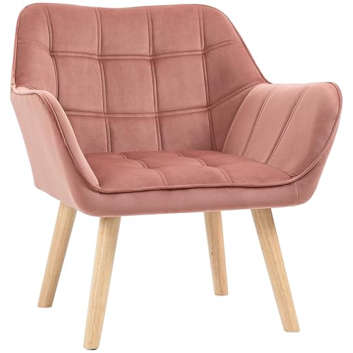 HOMCOM Butaca de Salón Moderna, Sillón Lectura Tapizado en Terciopelo con Asiento Ancho, Patas de Madera, Fácil Montaje, Sillón Relax para Sala de Estar, Dormitorio y Balcón, Rosa