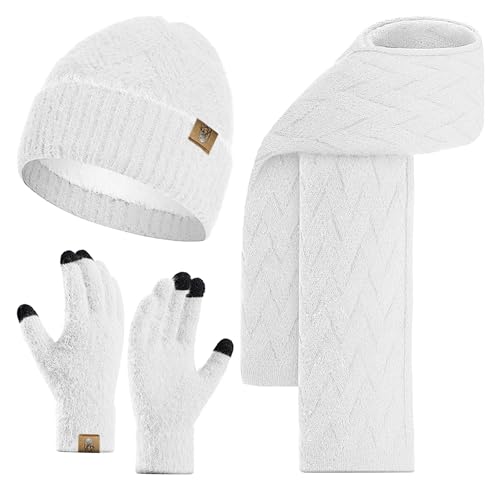 INSISMY Mütze Schal Set und Handschuhe für Damen Beanie Mütze Winter mit Fleecefutter and Touchscreen Handschuhe Langer Schal 3 in 1 Set
