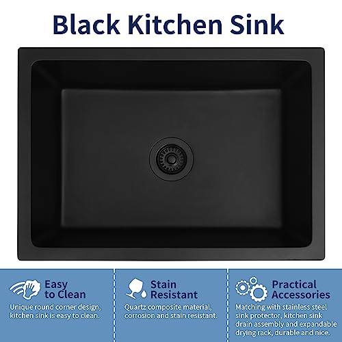 Image of Black Kitchen Sink, Matte Black Granite Composite Kitchen Sink, 27 Inch Undermount Quartz Stone Kitchen Sinks, 27 inch x 18 inch x 9 inch Single Bowl Kitchen Sinks With Accessories