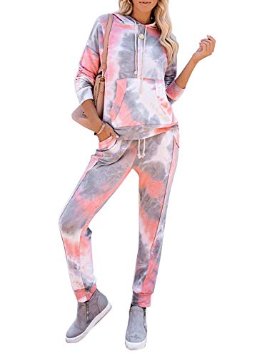 luvamia Women's Tie Dye Hooded Pajama Sets Long Sleeve Tops and Pants Long PJ Sets Joggers Loungewear Sleepwear Nightwear X Hooded Pajama Grey Large
