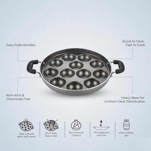 Image of Non-Stick Appam Maker & Paniyaram Pan, 12 Cavity Appam Patra with Stainless Steel Lid, Multi-Purpose Appe Pan for Home Kitchen