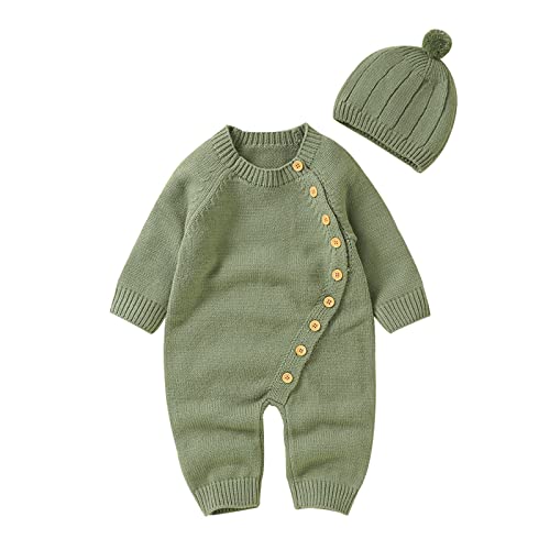 Lista de Punto para Bebé los 5 mejores. 47 AIMAOMI - Suéter de punto sólido para bebés y niñas, overol de algodón, gorras de sombrero, Verde, 0-3 meses