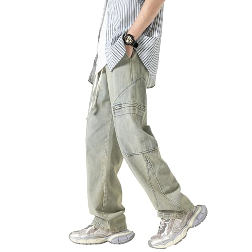 PRIJOUHE Relaxed Fit Jeans for Men Straight Leg Baggy Jeans Hip Hop Elastic Waist Denim Pants with Drawstring3
