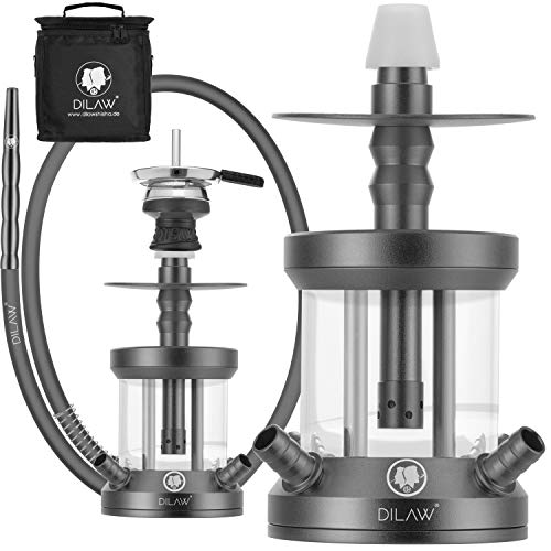DILAW® Turtle Shisha Aluminium 22cm Hookah to Go 4 Anschlüsse mit Tasche | Wasserpfeife | Kaminkopf | Komplettset | Tauchrohr mit Diffusor | Silikonschlauch Alumundstück Tabakkopf Grau Cover