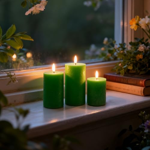 Image of LUSHARBOR LUSHABOR Green Flameless Candles, Battery Operated Candles for St. Patrick's Day, Real Wax LED Fake Candles for Spring Decor Party Centerpiece Green Set of 3
