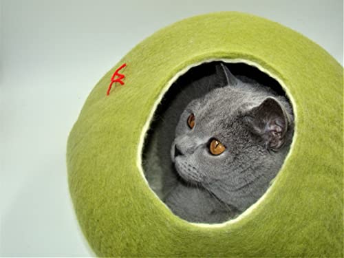Kivikis Cat Cave, House, Bed, Nap, Cocoon Handmade From Natural Sheep Wool, Colour Birch Green (Xl 8-12 Kg/17-26 Pounds) #TOP1