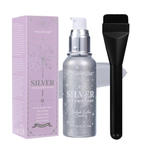 viola house Silver Face Body Paint Washable Long-Lasting Highly Pigmented Water Based Full Body Paint for Halloween Carnival Stage SFX Special Effects Cosplay Makeup 2.64Fl.Oz/75 Ml (Silver)