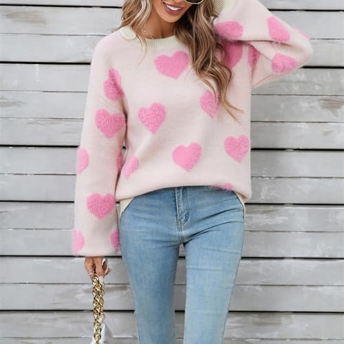 Image of Women's Cute Heart Sweater Love Print Valentine Romantic Knitted Top Casual Crewneck Long Sleeve Sweaters Pullover