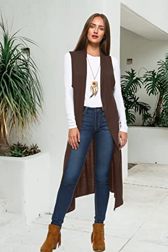 Image of Isaac Liev Women's Sleeveless Cardigan - Casual Long Maxi Open Front Flowy Drape Lightweight Duster Vest 8VEST BROWN L
