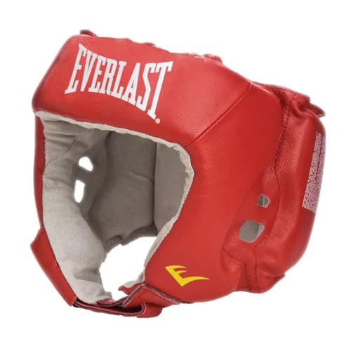 Everlast Casco de Boxeo Amateur de Competición, Rojo, Talla M, Cuero Sintético, Protección Profesional con Correa Ajustable