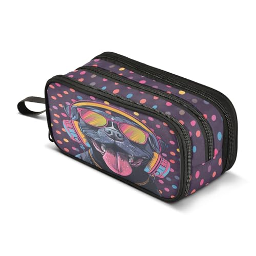 Image of Pitbull Headphones Dog Colorful Dots Pencil Case Large Capacity Pencil Pouch Boys Girls 3 Compartment Pen Bag School Office Stationery Organizer