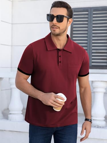 Polo masculino de verano con puños contrastantes y cuello, casual, de manga corta y tres botones, con bolsillo miniatura 3