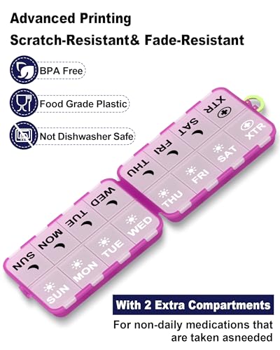 Image of Pill Organizer Travel Medicine Organizer - Weekly Pill Organizer with 2 Extra Compartments, Clear Printed Labels, AM PM Pill Dispenser