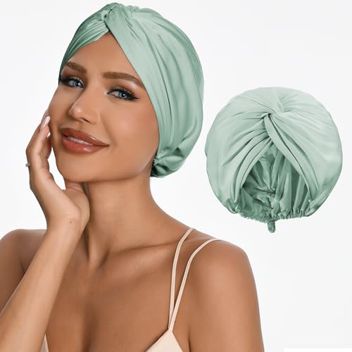 Adjustable Silk Satin Hair Bonnet for Sleeping Women with 5% Mulberry Silk – Double Layer Hair Cap for Women, Extra Smooth Night Cap for Curly, Braided, Natural Hair – Silk Shower Cap (Green)