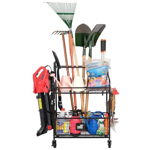 Mythinglogic Garden Tool Organizer for Garage, Yard Tool Rack with Wheels, Garage Organizers and Storage Holder for Yard Tools (Deluxe Tower)
