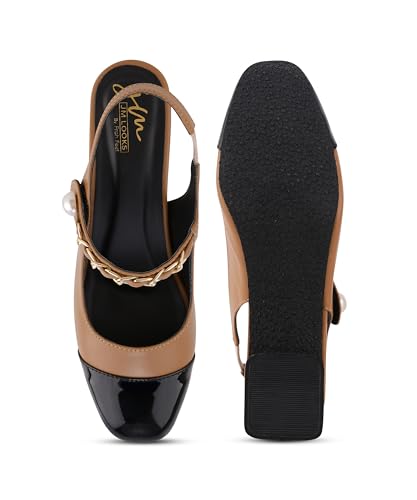 Image of JM LOOKS Women's Elegant Block Heel Slingback Pumps with Decorative Chain and Pearl Accent Detail Straps