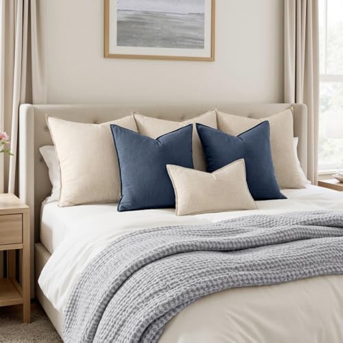 Image of MIULEE Decorative Pillow Covers 20x20 Inch Indigo Blue Boho Farmhouse Neutral Couch Throw Pillows for Bed Pack of 2 Accent Coastal Modern Pillowcase Summer Sofa Livingroom Home Decor