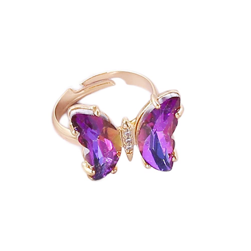 COLORFUL BLING Adjustable Elegant Transparent Crystal 3D Butterfly Rings for Women Aesthetic Gold Plated Cute Animal Insect Open Finger Cuff Ring