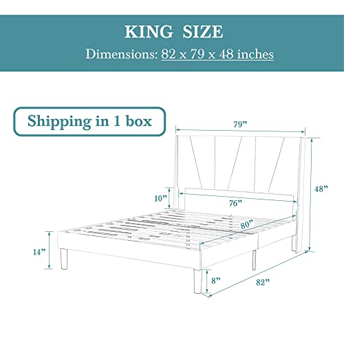 Hoomic King Size Platform Bed Frame With Geometric Wingback Headboard, Wooden Slats Support, No Box Spring Needed, Modern Style In Beige #TOP1