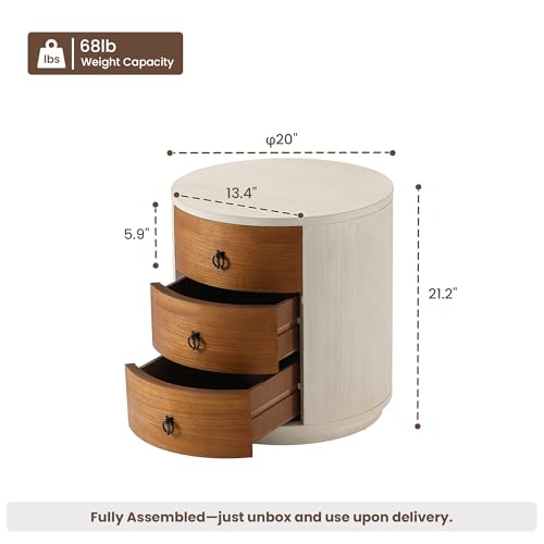 Image of HOMPUS Fully Assembled Round Nightstand, 3 Drawer Chest of Drawers, Wood Rustic Farmhouse Dresser, Retro Modern Night Stand, Wood Rustic Farmhouse Dresser with Drawers for Bedroom, Brown + White